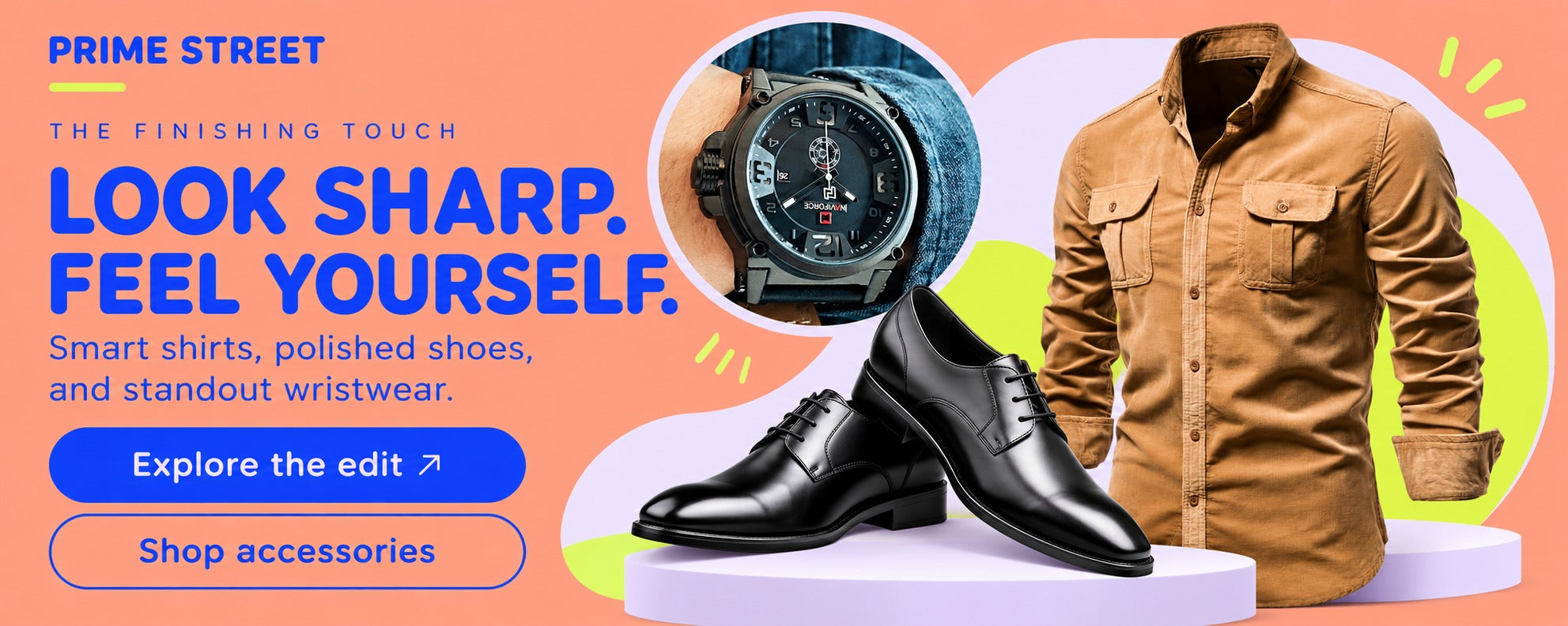 Look sharp. Feel yourself. Tan shirt, polished Oxford shoes and aviator wristwatch.