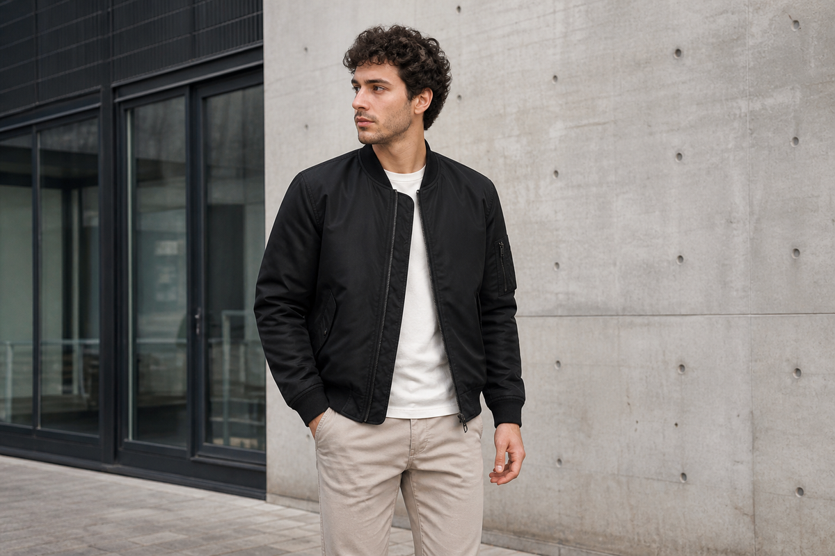 Man wearing a black bomber jacket with neutral pants and sneakers in an urban setting