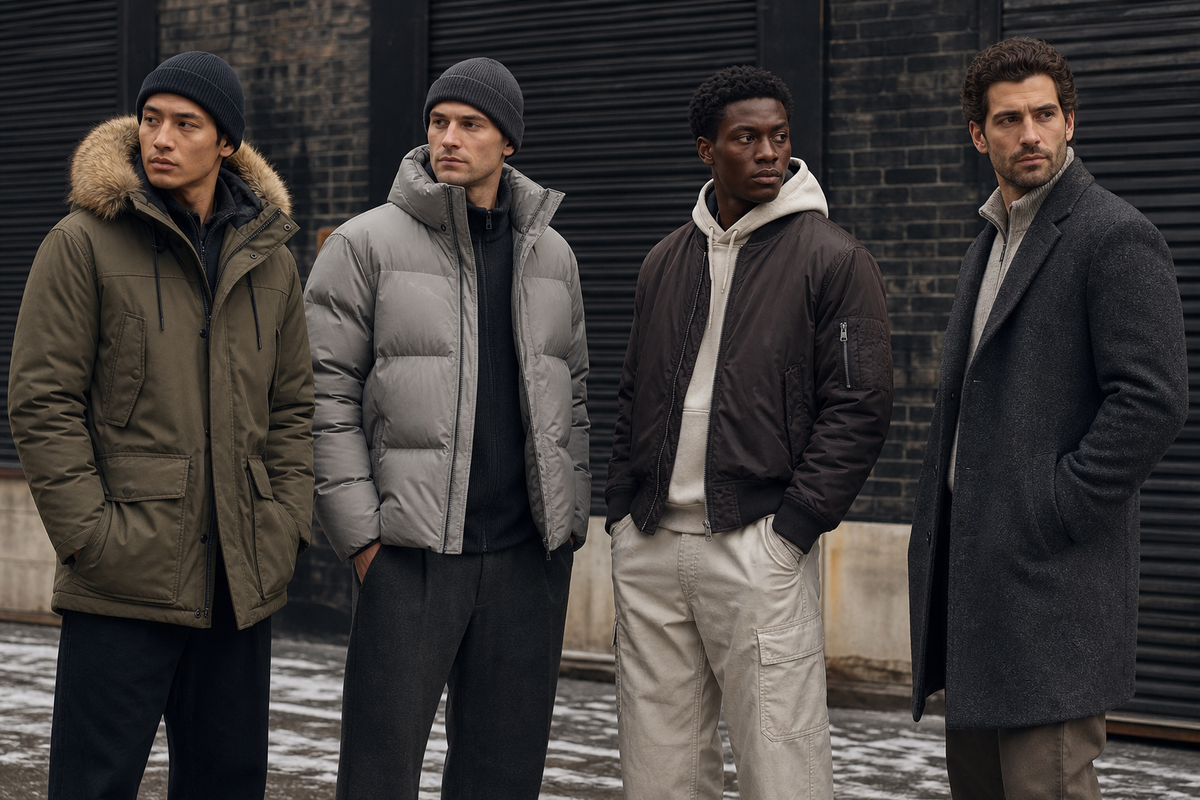 Four men wearing a parka, puffer jacket, bomber jacket, and wool coat in a cold city setting.