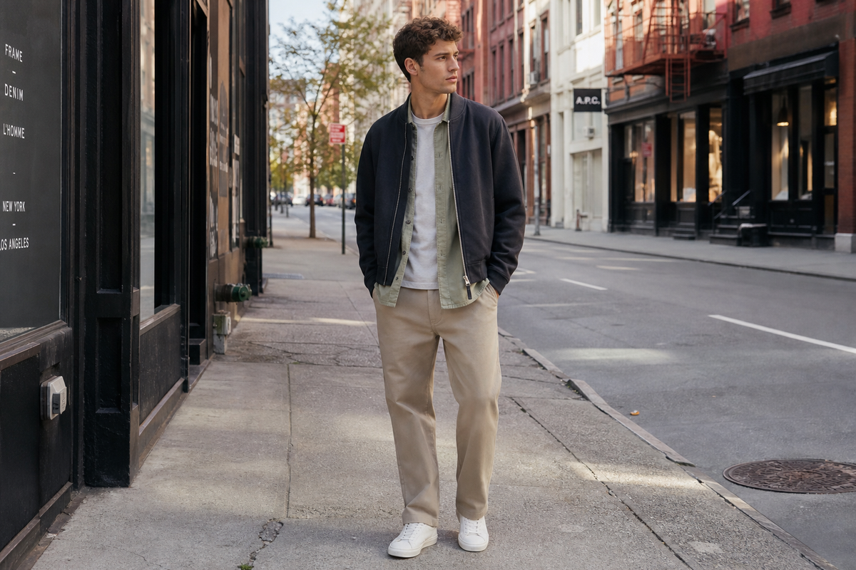 Man wearing a fitted T-shirt, light overshirt, and bomber jacket with straight-leg pants.