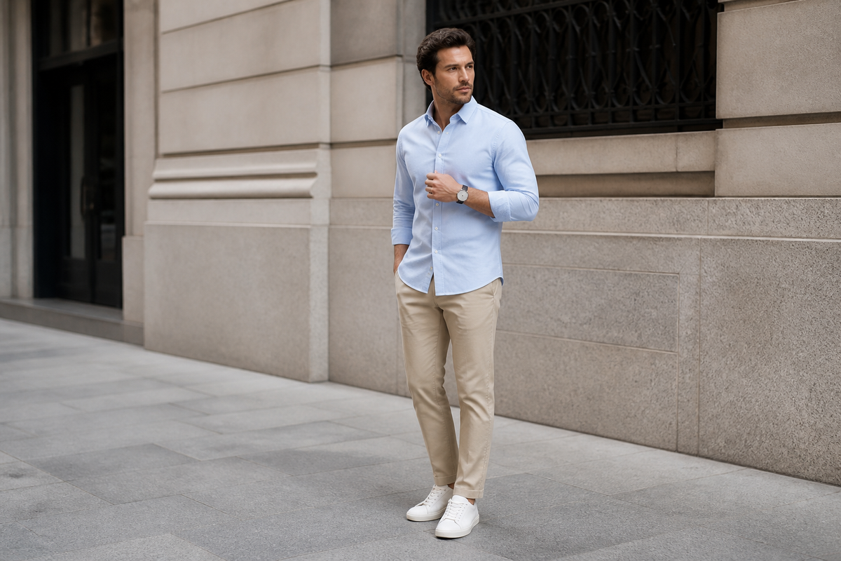 Man wearing a light blue Oxford shirt, beige chinos, white sneakers, and a wristwatch in a city street.