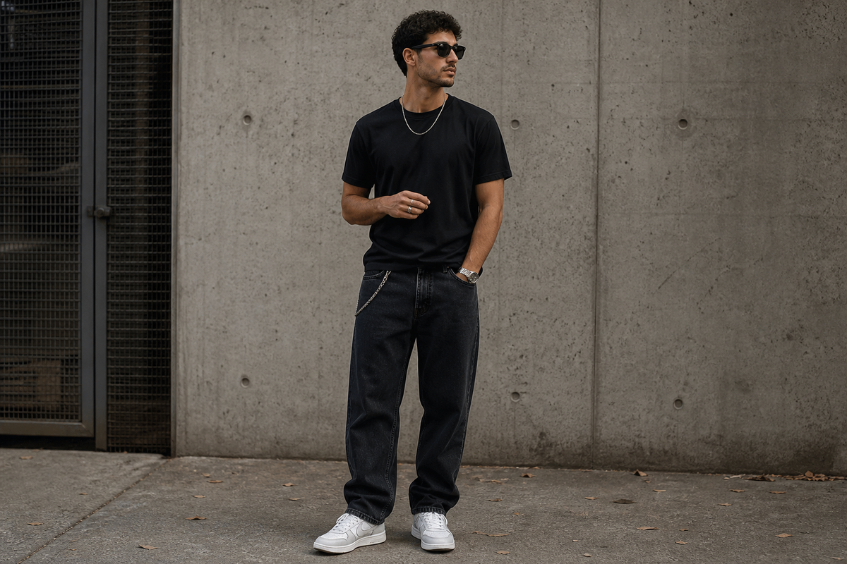 Man wearing a plain black T-shirt, dark jeans, sneakers, chain, watch, ring, sunglasses, and a waist chain in an urban setting