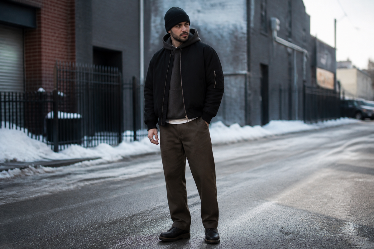 Man wearing a layered winter outfit with a bomber jacket, hoodie, dark pants, and casual shoes outdoors in cold weather.