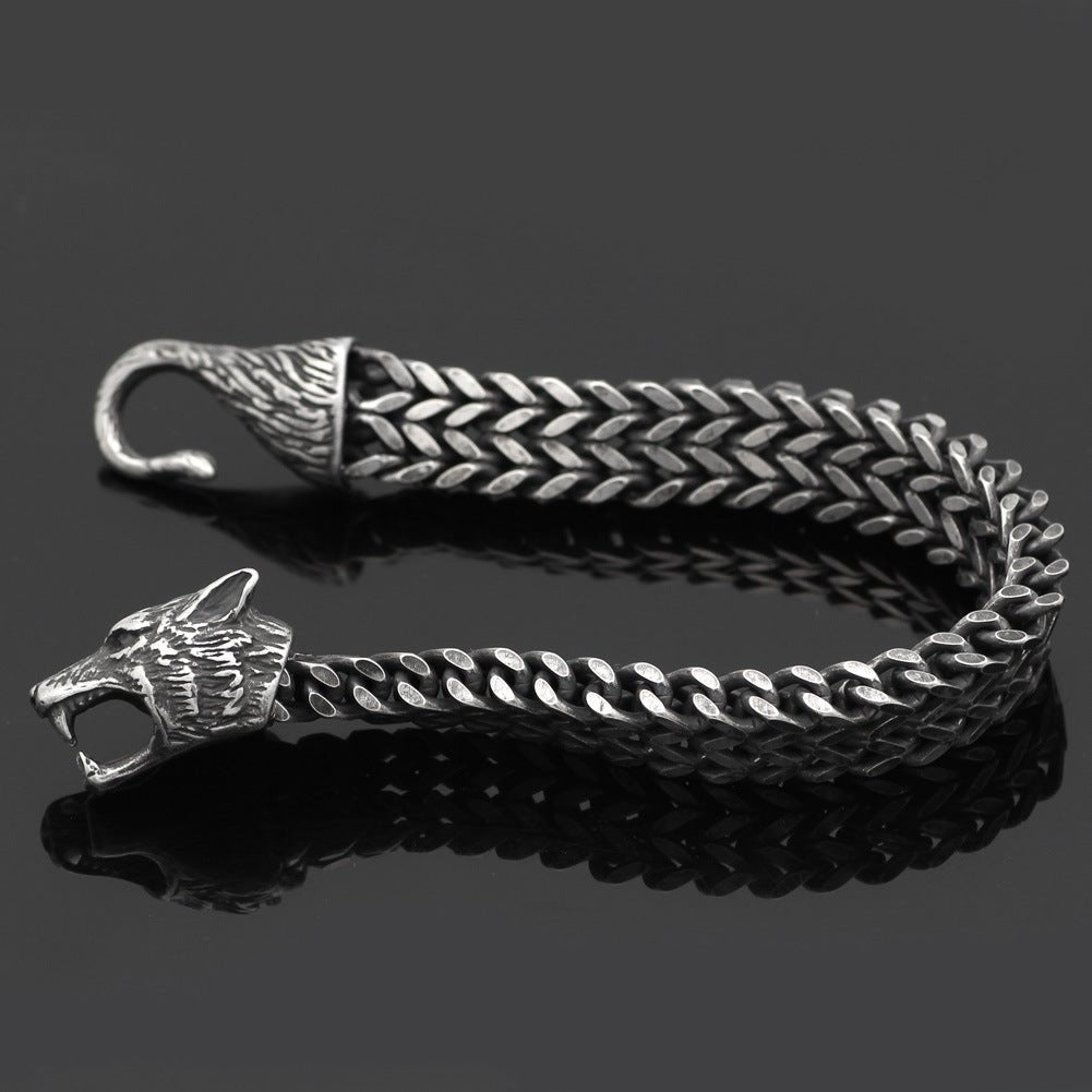 Bracelet Men Stainless Steel Vintage Black Wolf Head Cuban Chain Hand Wristband Male Fashion Jewelry Wholesale Accessories Gifts - Prime Street