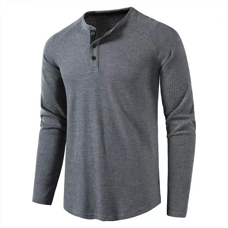 Classic Waffle Henley Tshirt Men New Crew Neck Long Sleeve Slim Fit Tee Shirt Homme Casual Heavy Weight T Shirts Male - Prime Street