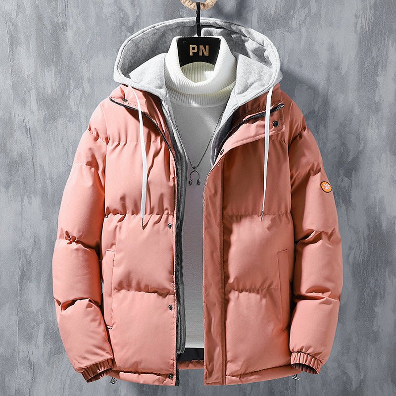 Fashion Hooded Jacket Men Winter Windproof Thickened Fake Two-piece Coat Solid Leisure Sports Cotton Jacket - Prime Street
