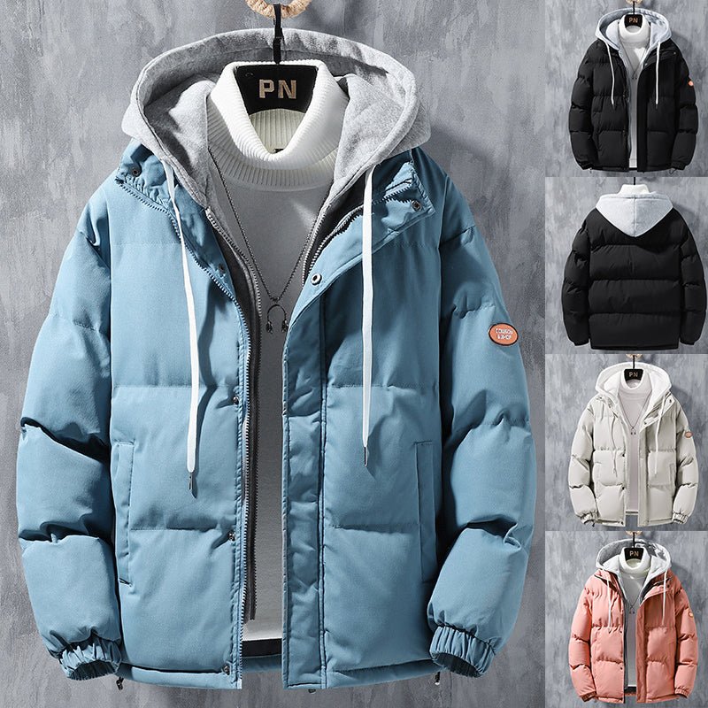 Fashion Hooded Jacket Men Winter Windproof Thickened Fake Two-piece Coat Solid Leisure Sports Cotton Jacket - Prime Street