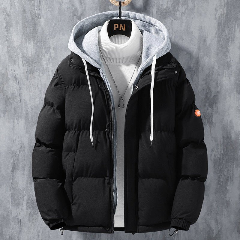 Fashion Hooded Jacket Men Winter Windproof Thickened Fake Two-piece Coat Solid Leisure Sports Cotton Jacket - Prime Street