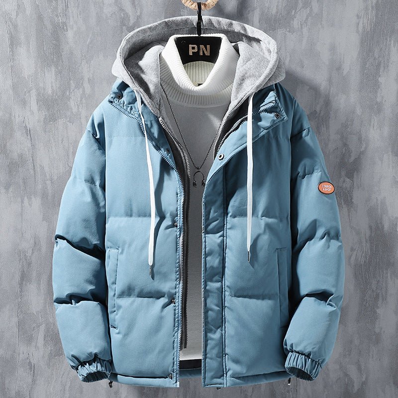 Fashion Hooded Jacket Men Winter Windproof Thickened Fake Two-piece Coat Solid Leisure Sports Cotton Jacket - Prime Street