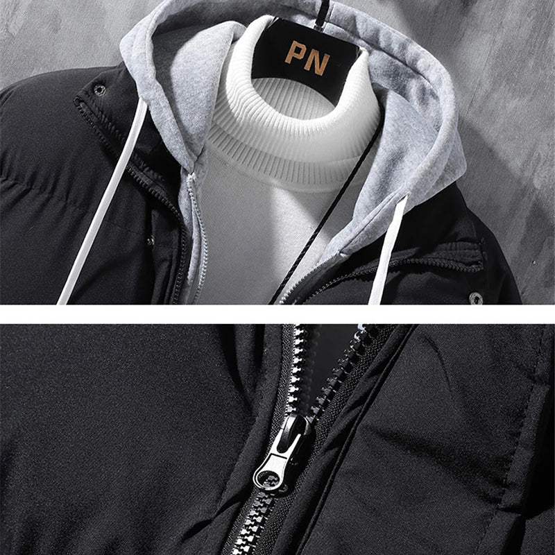 Fashion Hooded Jacket Men Winter Windproof Thickened Fake Two-piece Coat Solid Leisure Sports Cotton Jacket - Prime Street