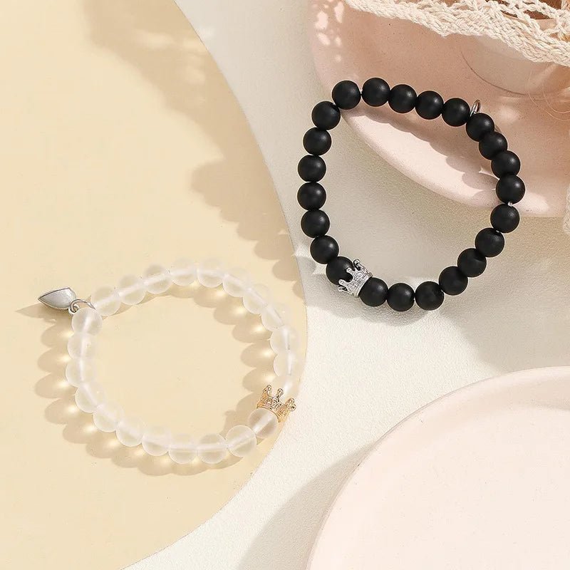 Fashion Jewelry 2pcs Handmade Crown Beaded Charms Bracelet Luminou Heart Glow In The Dark Couple Bracelet For Lover Men Women Fluorescent Gift - Prime Street