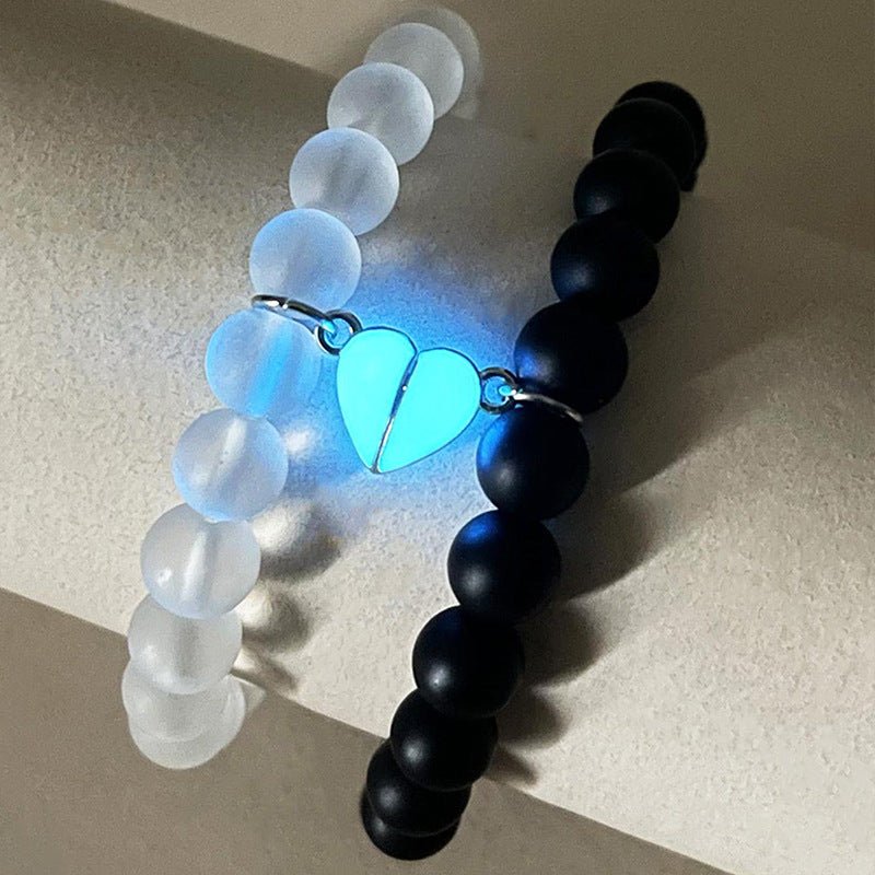 Fashion Jewelry 2pcs Handmade Crown Beaded Charms Bracelet Luminou Heart Glow In The Dark Couple Bracelet For Lover Men Women Fluorescent Gift - Prime Street