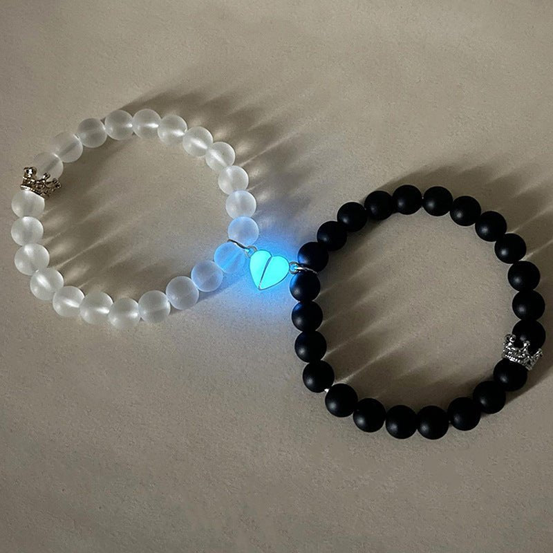 Fashion Jewelry 2pcs Handmade Crown Beaded Charms Bracelet Luminou Heart Glow In The Dark Couple Bracelet For Lover Men Women Fluorescent Gift - Prime Street