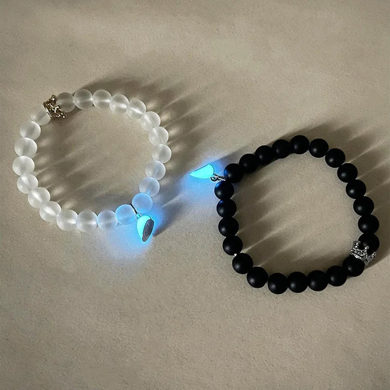 Fashion Jewelry 2pcs Handmade Crown Beaded Charms Bracelet Luminou Heart Glow In The Dark Couple Bracelet For Lover Men Women Fluorescent Gift - Prime Street