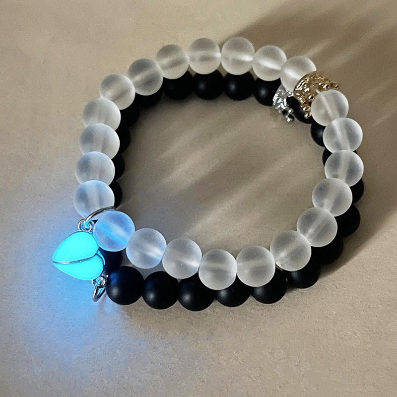 Fashion Jewelry 2pcs Handmade Crown Beaded Charms Bracelet Luminou Heart Glow In The Dark Couple Bracelet For Lover Men Women Fluorescent Gift - Prime Street
