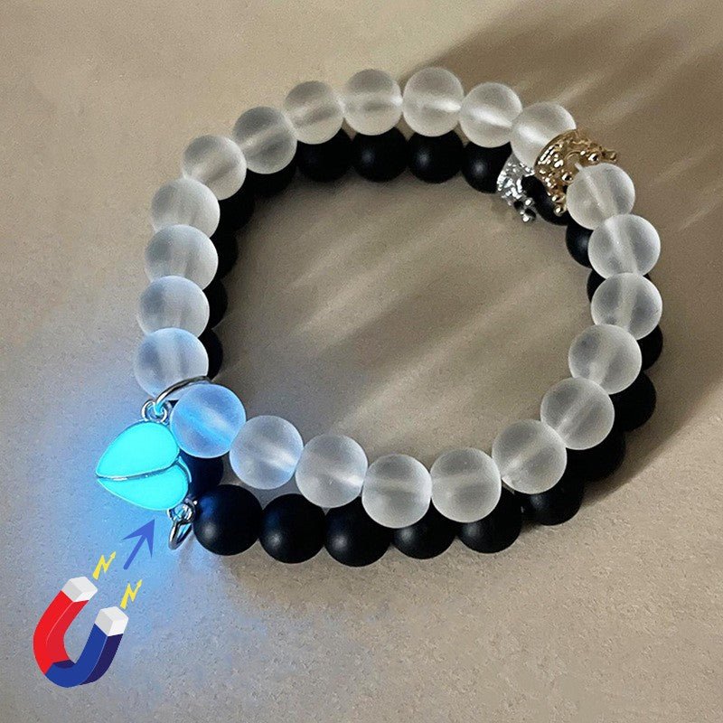 Fashion Jewelry 2pcs Handmade Crown Beaded Charms Bracelet Luminou Heart Glow In The Dark Couple Bracelet For Lover Men Women Fluorescent Gift - Prime Street