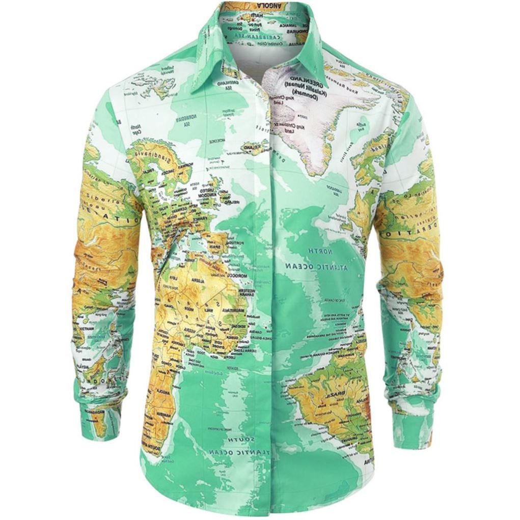 Men Shirt World Map Print HiddenG Button Slim Fit Shirts - Prime Street