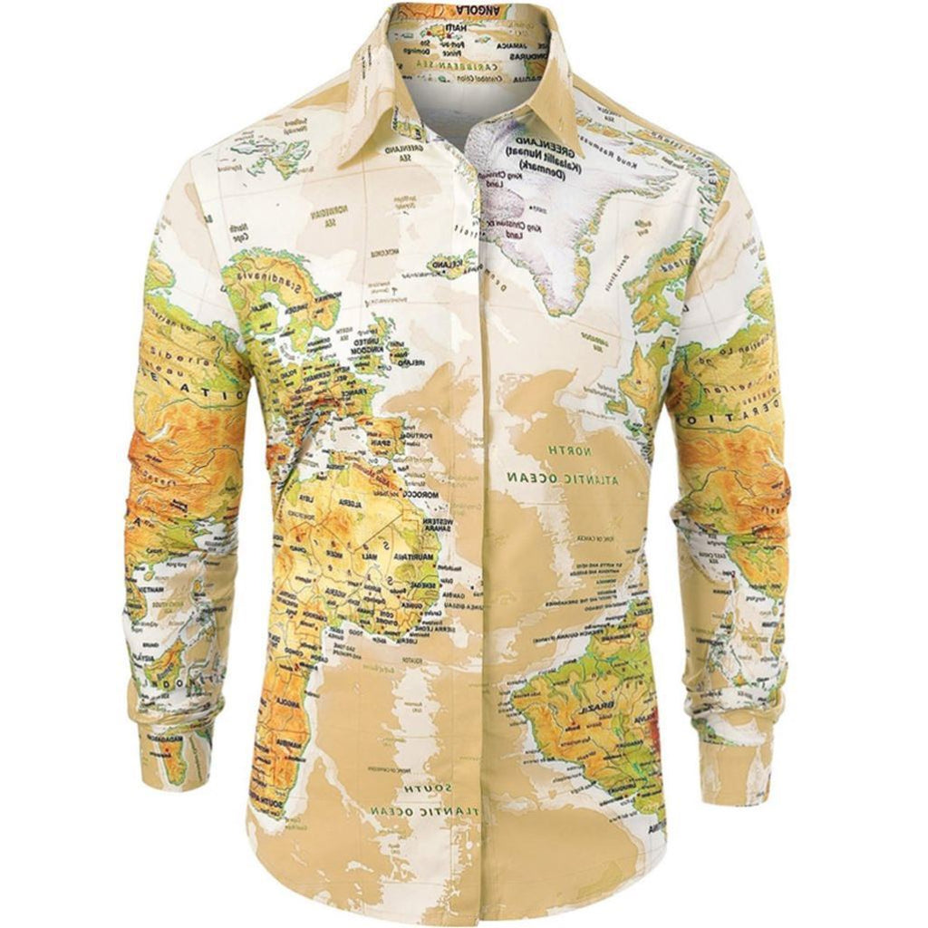 Men Shirt World Map Print HiddenG Button Slim Fit Shirts - Prime Street