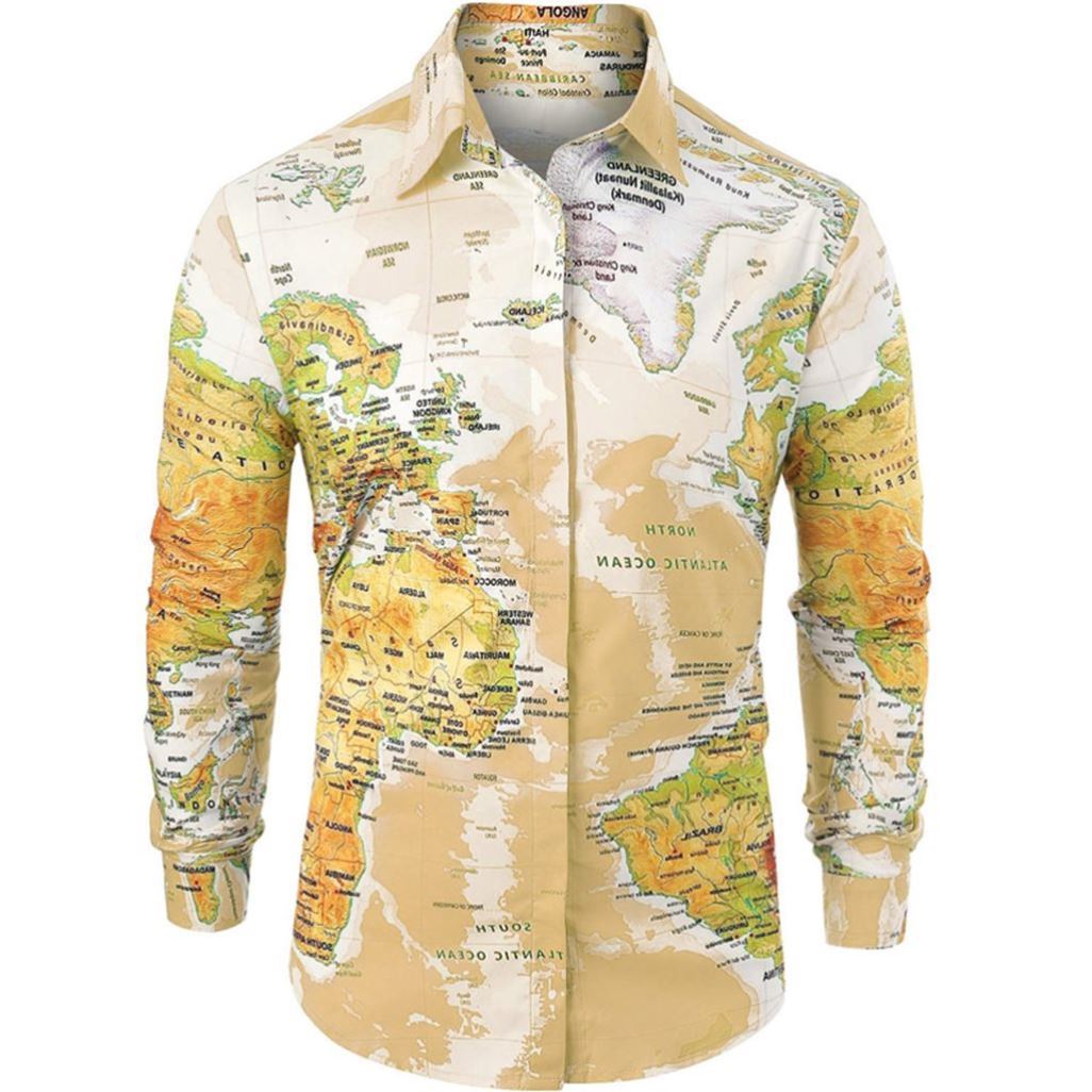 Men Shirt World Map Print HiddenG Button Slim Fit Shirts - Prime Street
