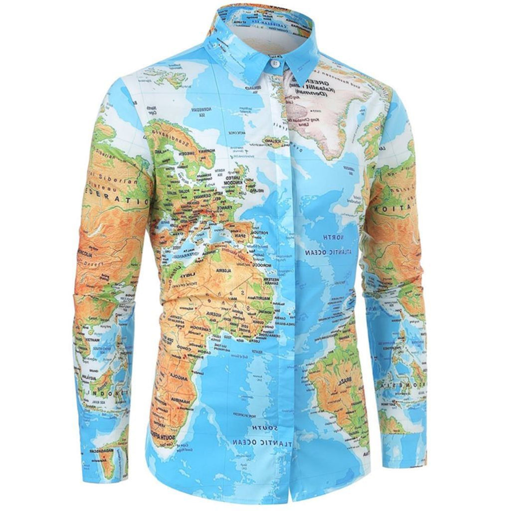 Men Shirt World Map Print HiddenG Button Slim Fit Shirts - Prime Street