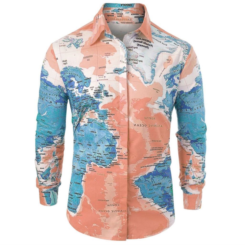 Men Shirt World Map Print HiddenG Button Slim Fit Shirts - Prime Street