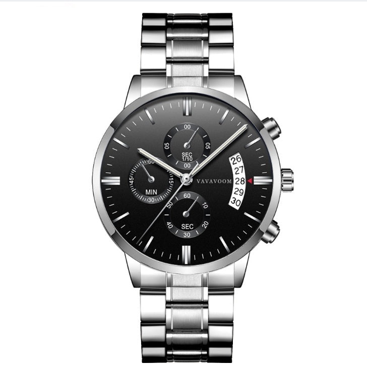 Men''s Stainless Steel Watches with Business Leisure Calendar Quartz Watches Waterproof Black Refined Steel Watches - Prime Street