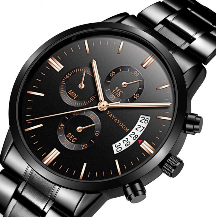 Men''s Stainless Steel Watches with Business Leisure Calendar Quartz Watches Waterproof Black Refined Steel Watches - Prime Street