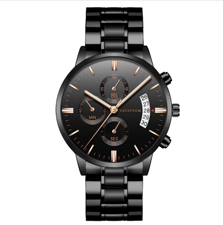 Men''s Stainless Steel Watches with Business Leisure Calendar Quartz Watches Waterproof Black Refined Steel Watches - Prime Street