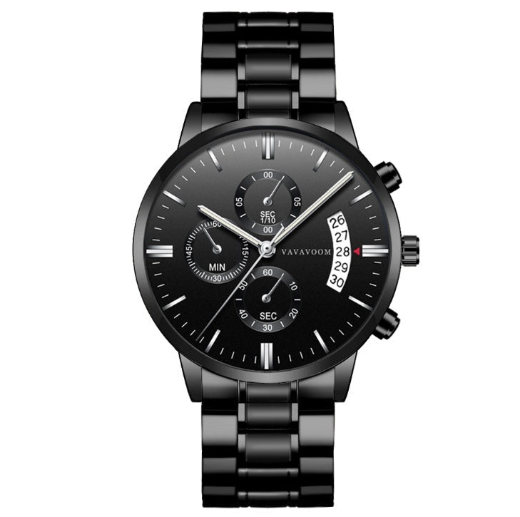 Men''s Stainless Steel Watches with Business Leisure Calendar Quartz Watches Waterproof Black Refined Steel Watches - Prime Street