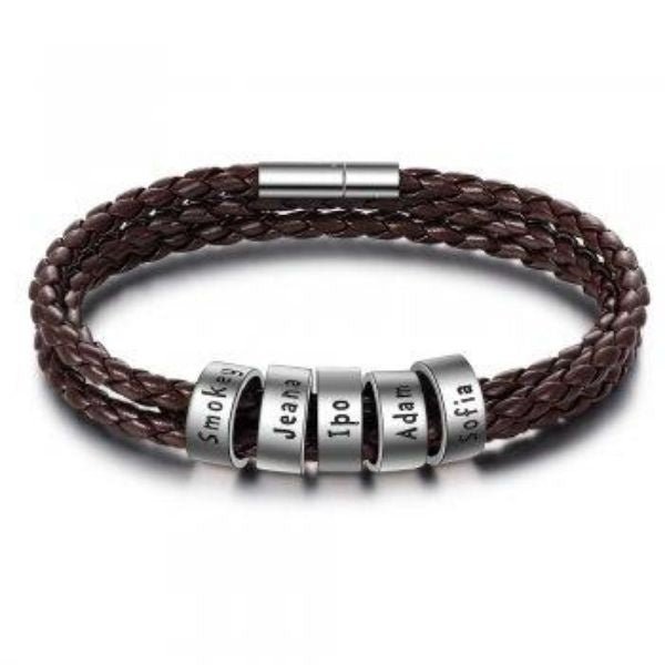 Personalized Mens Braided Genuine Leather Bracelet Stainless Steel Custom Beads Name Charm Bracelet For Men With Family Names - Prime Street