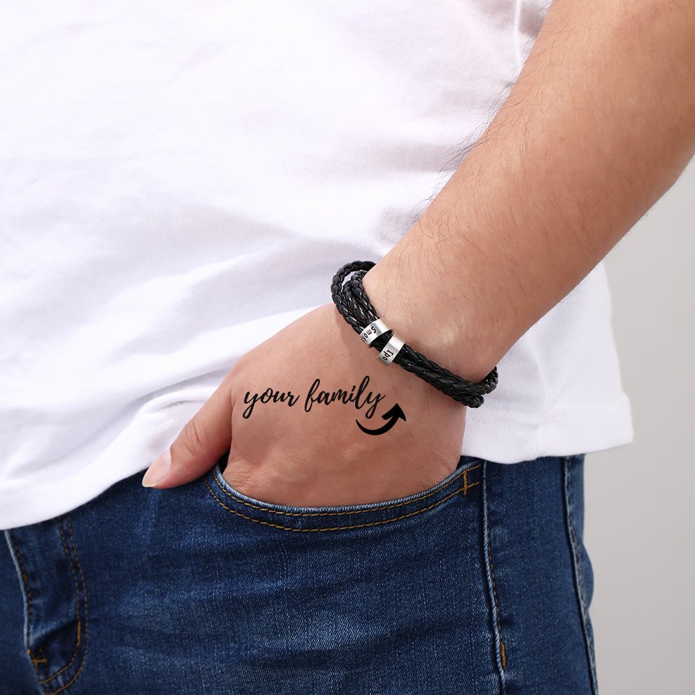 Personalized Mens Braided Genuine Leather Bracelet Stainless Steel Custom Beads Name Charm Bracelet For Men With Family Names - Prime Street