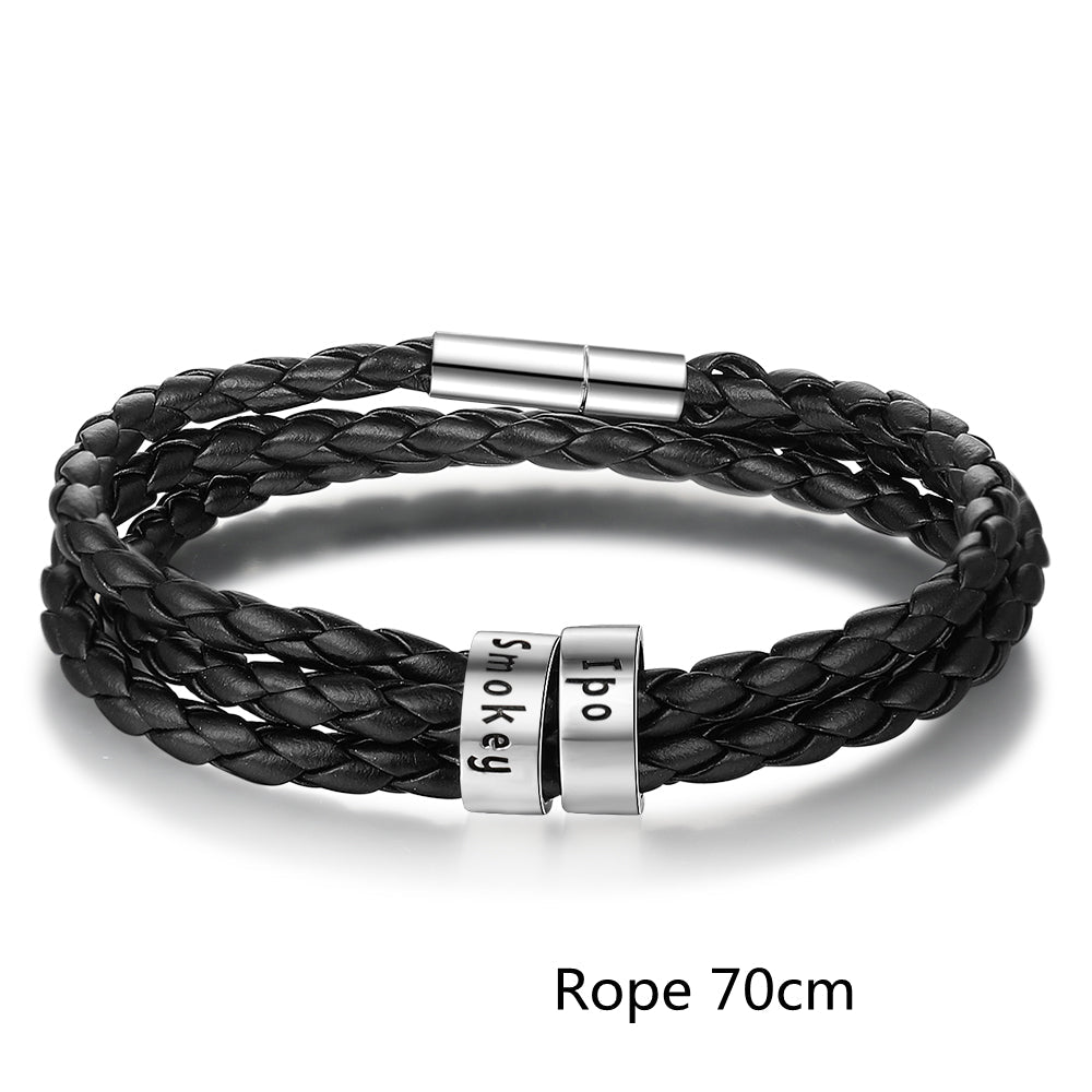 Personalized Mens Braided Genuine Leather Bracelet Stainless Steel Custom Beads Name Charm Bracelet For Men With Family Names - Prime Street