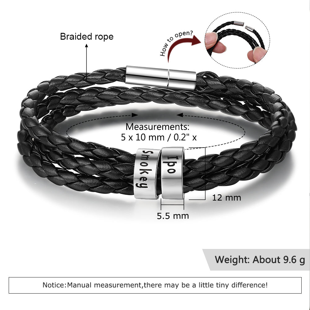 Personalized Mens Braided Genuine Leather Bracelet Stainless Steel Custom Beads Name Charm Bracelet For Men With Family Names - Prime Street