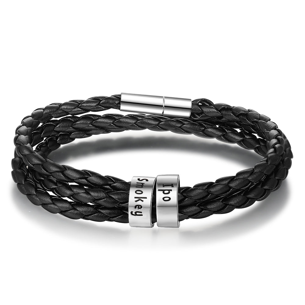 Personalized Mens Braided Genuine Leather Bracelet Stainless Steel Custom Beads Name Charm Bracelet For Men With Family Names - Prime Street