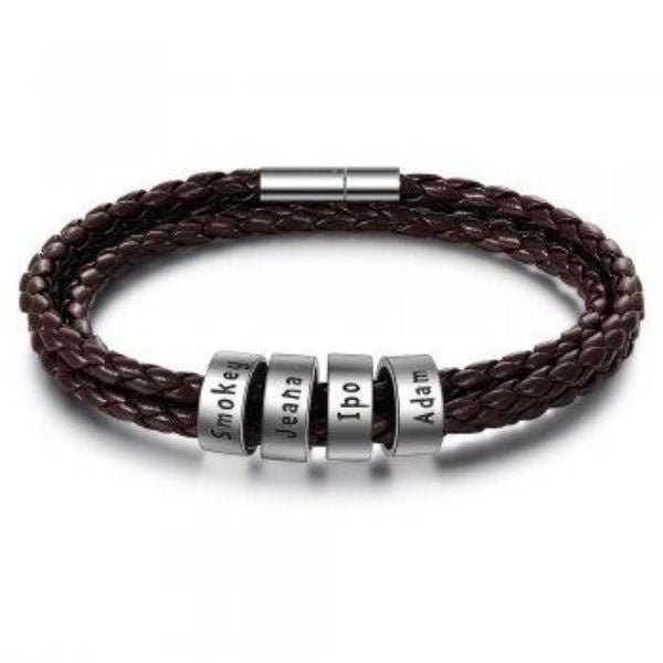 Personalized Mens Braided Genuine Leather Bracelet Stainless Steel Custom Beads Name Charm Bracelet For Men With Family Names - Prime Street
