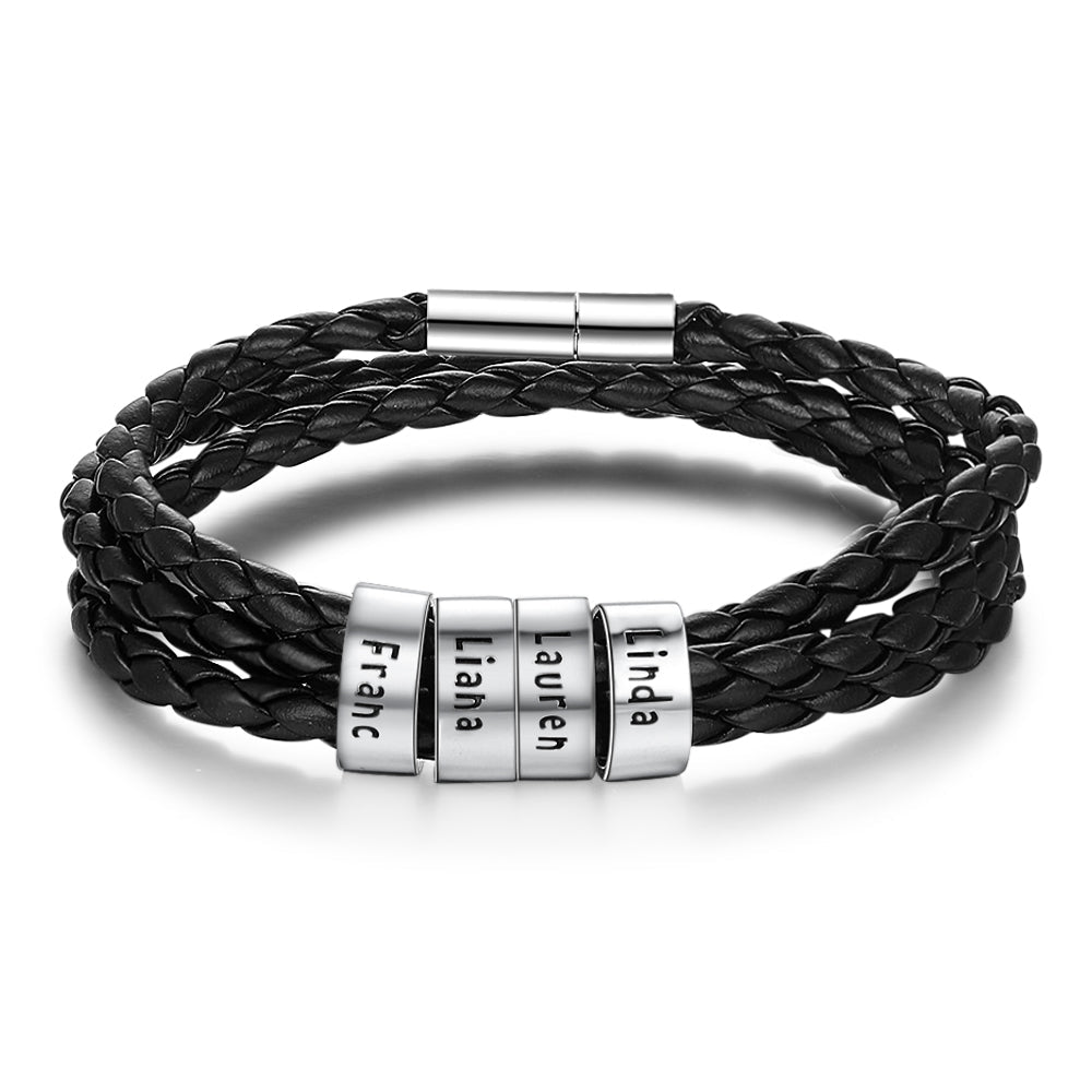 Personalized Mens Braided Genuine Leather Bracelet Stainless Steel Custom Beads Name Charm Bracelet For Men With Family Names - Prime Street