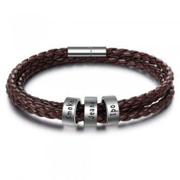 Personalized Mens Braided Genuine Leather Bracelet Stainless Steel Custom Beads Name Charm Bracelet For Men With Family Names - Prime Street