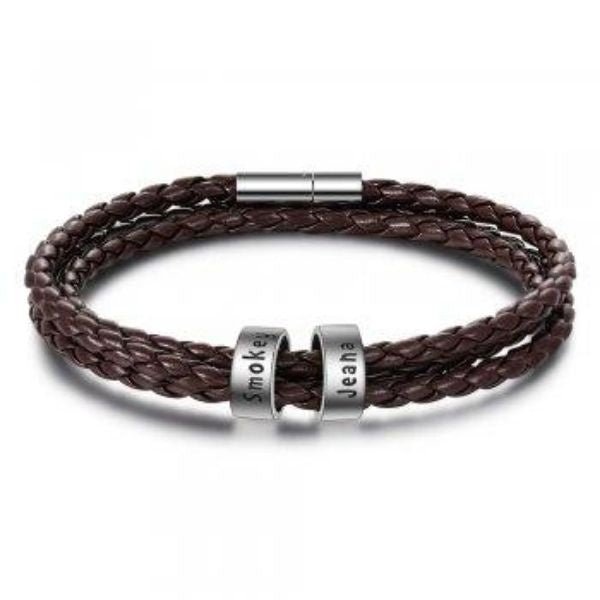 Personalized Mens Braided Genuine Leather Bracelet Stainless Steel Custom Beads Name Charm Bracelet For Men With Family Names - Prime Street