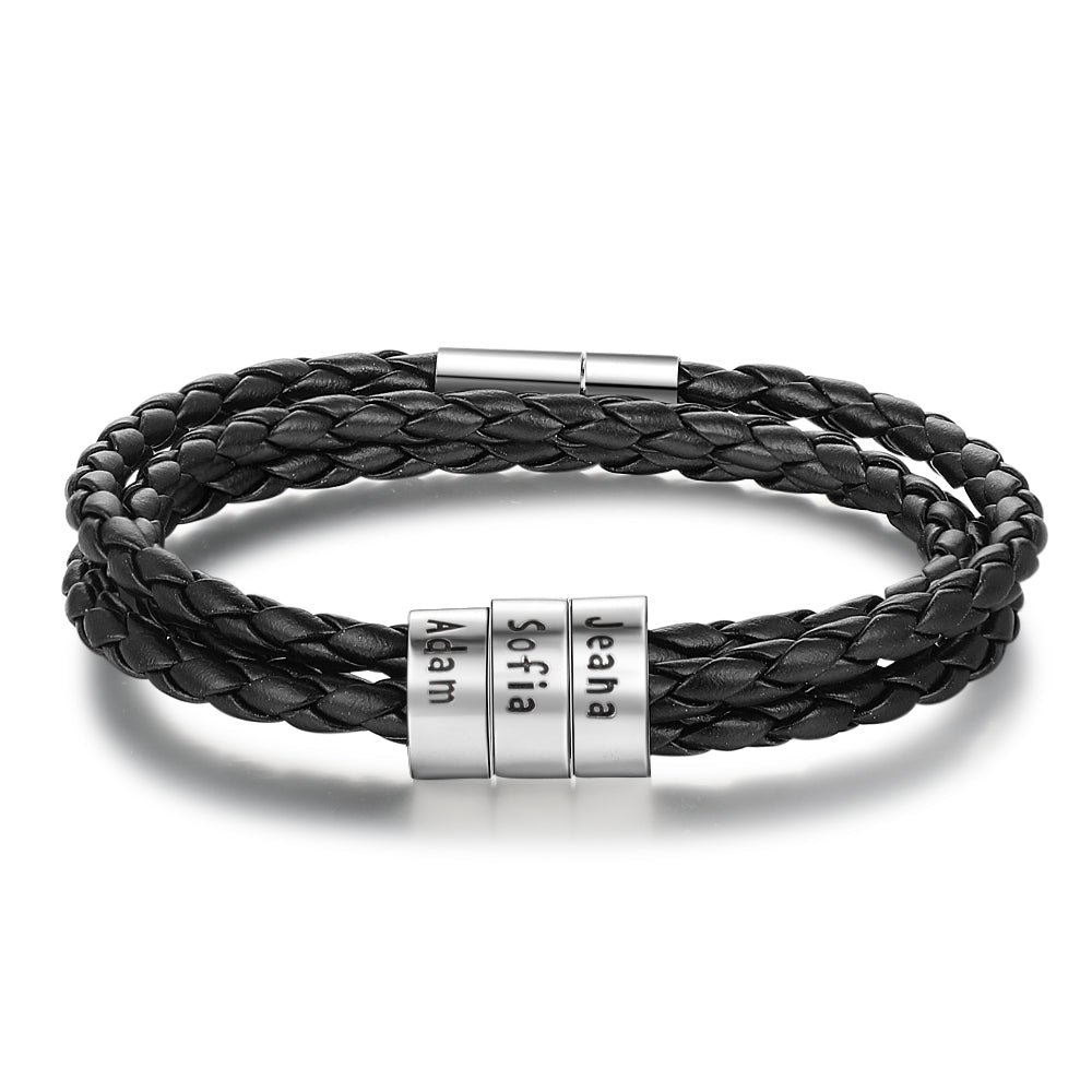 Personalized Mens Braided Genuine Leather Bracelet Stainless Steel Custom Beads Name Charm Bracelet For Men With Family Names - Prime Street