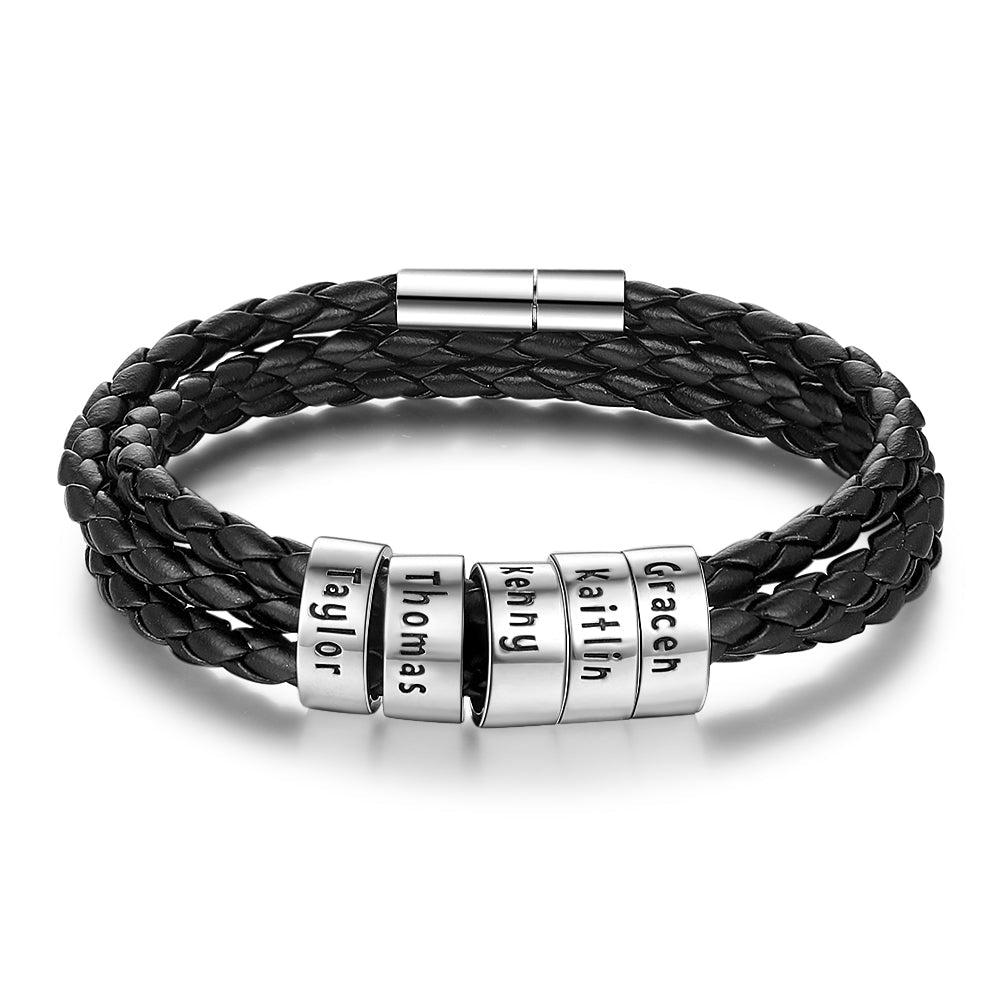 Personalized Mens Braided Genuine Leather Bracelet Stainless Steel Custom Beads Name Charm Bracelet For Men With Family Names - Prime Street