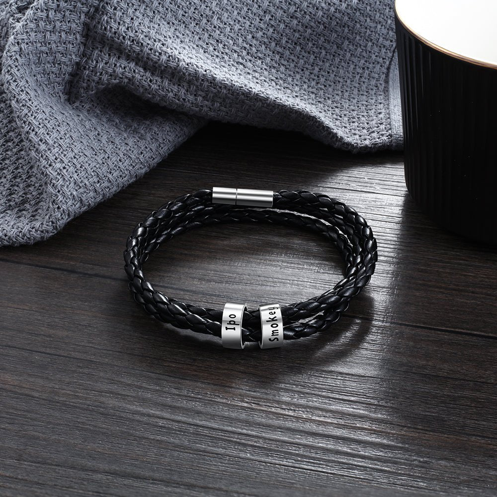 Personalized Mens Braided Genuine Leather Bracelet Stainless Steel Custom Beads Name Charm Bracelet For Men With Family Names - Prime Street