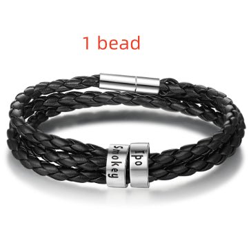 Personalized Mens Braided Genuine Leather Bracelet Stainless Steel Custom Beads Name Charm Bracelet For Men With Family Names - Prime Street