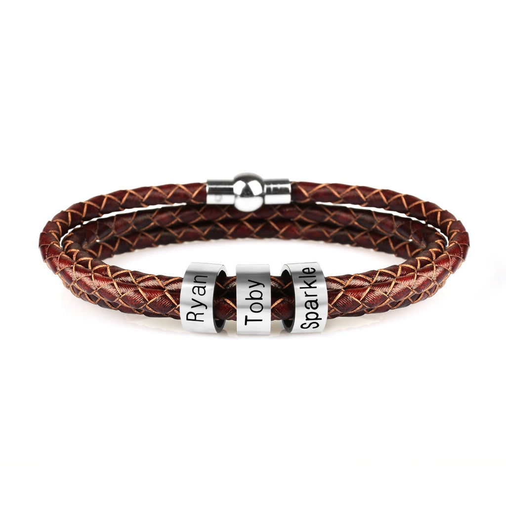 Personalized Mens Braided Genuine Leather Bracelet Stainless Steel Custom Beads Name Charm Bracelet For Men With Family Names - Prime Street