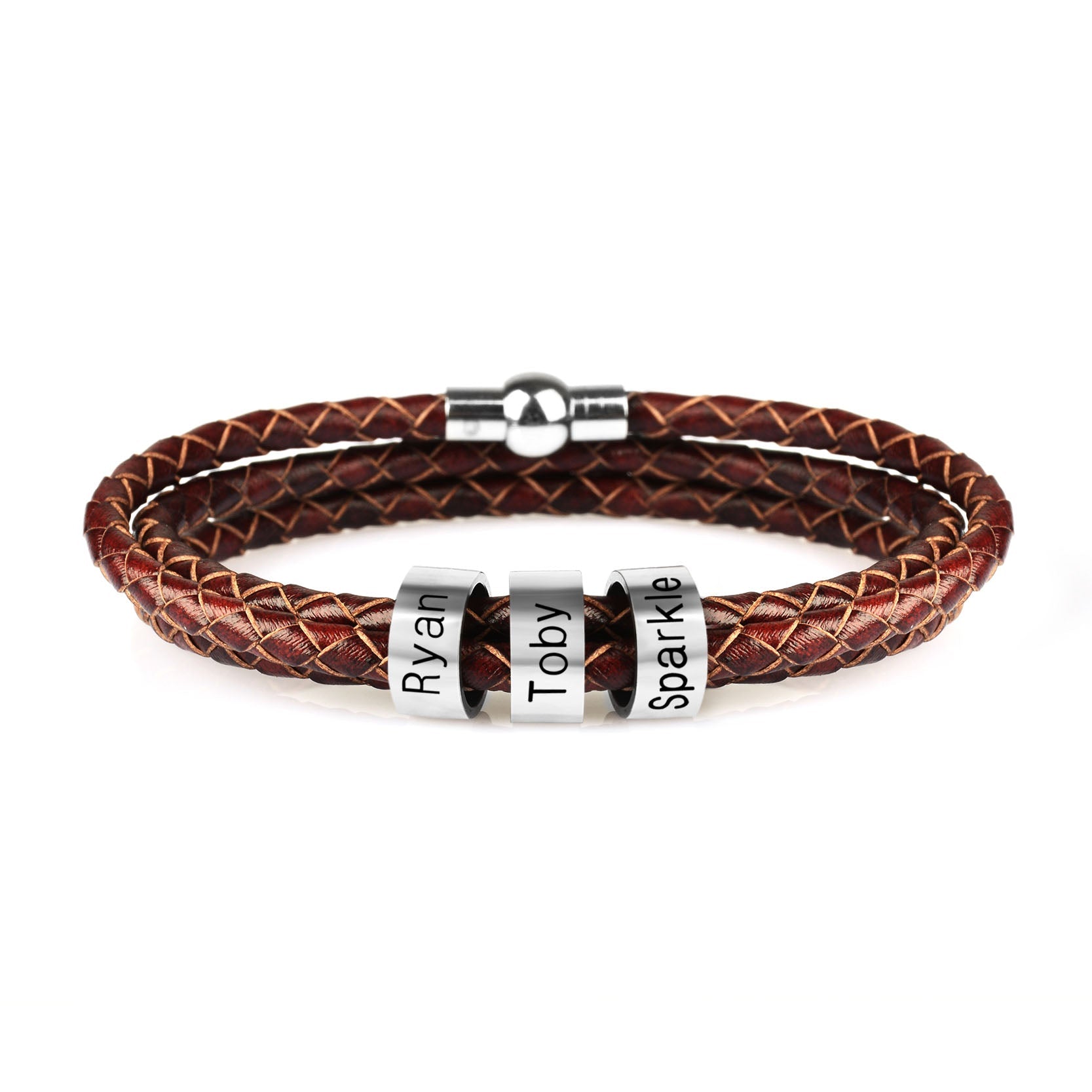 Personalized Mens Braided Genuine Leather Bracelet Stainless Steel Custom Beads Name Charm Bracelet For Men With Family Names - Prime Street
