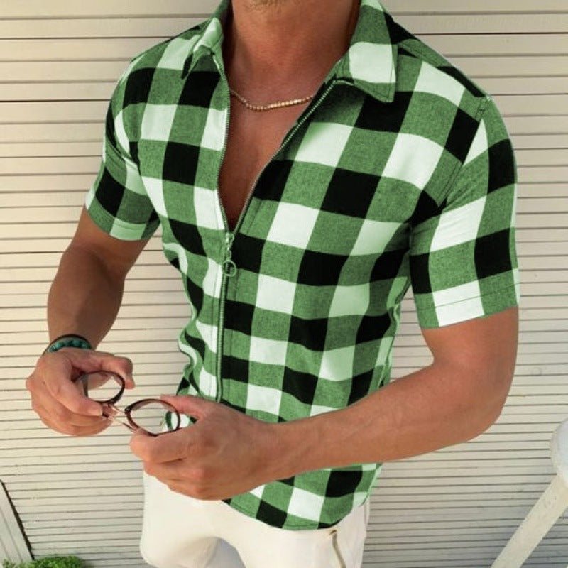 Plaid T Shirt Mens Zipper Short Sleeve Shirts Summer Men Clothing - Prime Street