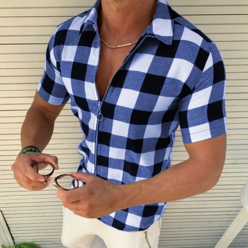 Plaid T Shirt Mens Zipper Short Sleeve Shirts Summer Men Clothing - Prime Street