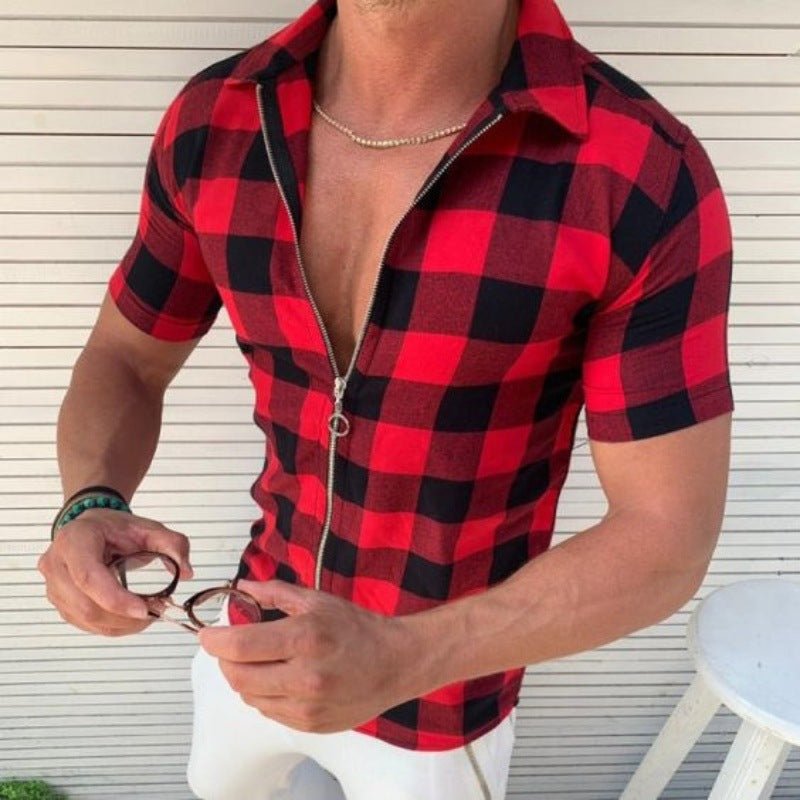 Plaid T Shirt Mens Zipper Short Sleeve Shirts Summer Men Clothing - Prime Street