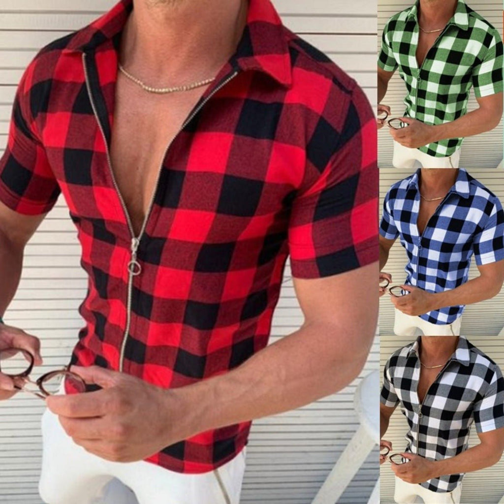 Plaid T Shirt Mens Zipper Short Sleeve Shirts Summer Men Clothing - Prime Street