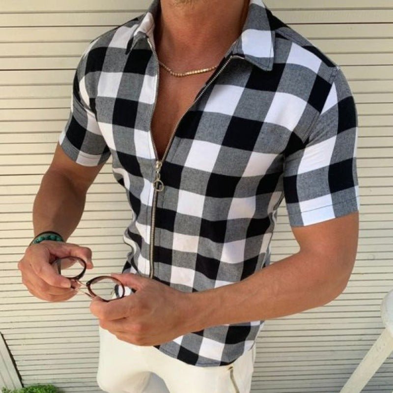 Plaid T Shirt Mens Zipper Short Sleeve Shirts Summer Men Clothing - Prime Street