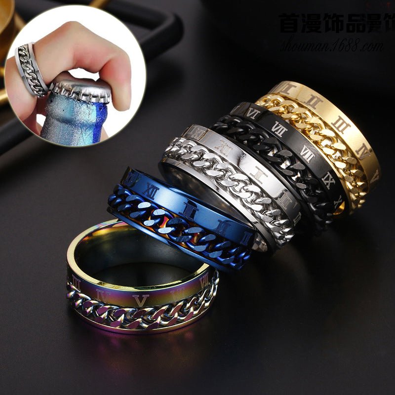 Roman Letter Rotatable Chain Rings Men Digital Titanium Steel RingFor Couple High Quality Multifunctional Bottle Opener Ring Spinner Jewelry Punk Gifts - Prime Street
